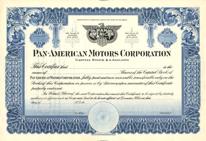 Pan-American Motors Corporation - Automotive Stock Certificate